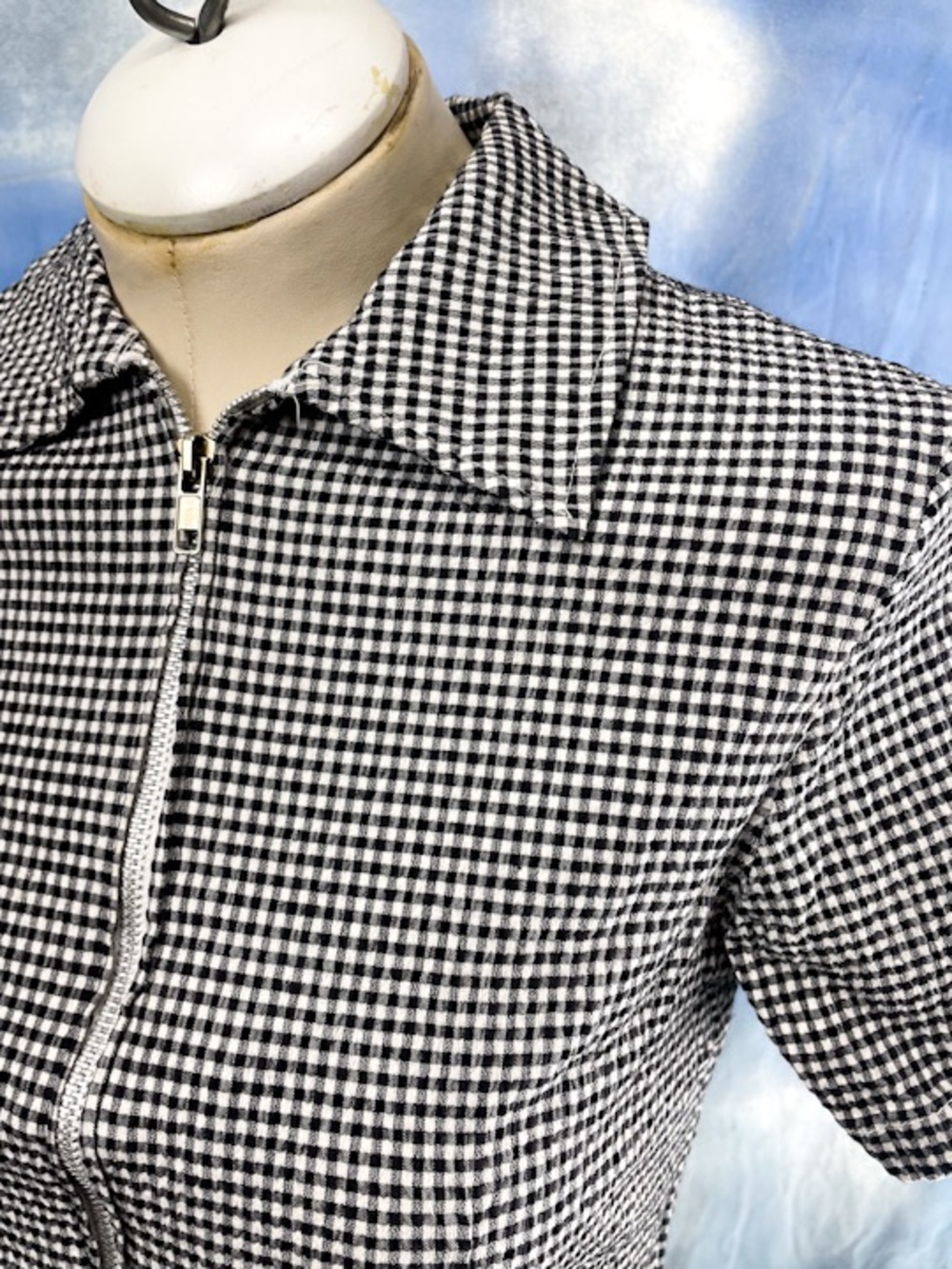Crossroads vintage Y2K micro gingham cotton seersucker zip front fitted top M